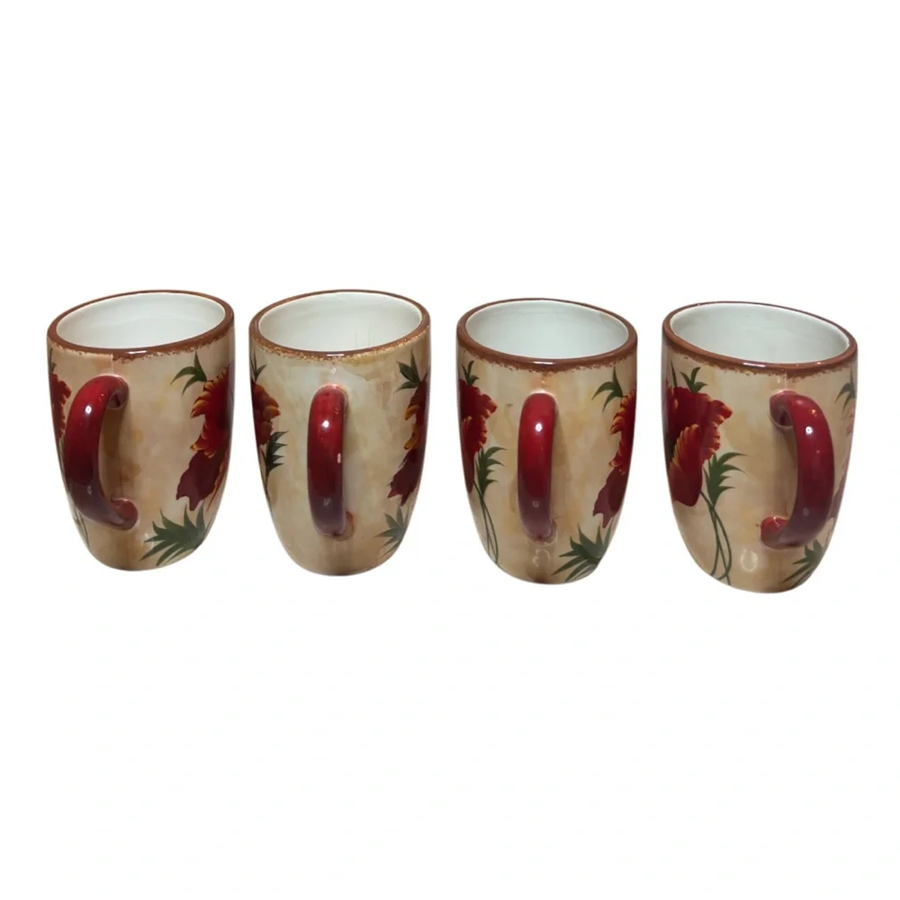 Pier 1 Poppies Mug 4 Piece Set Hand Painted Earthenware Replacements Red Floral